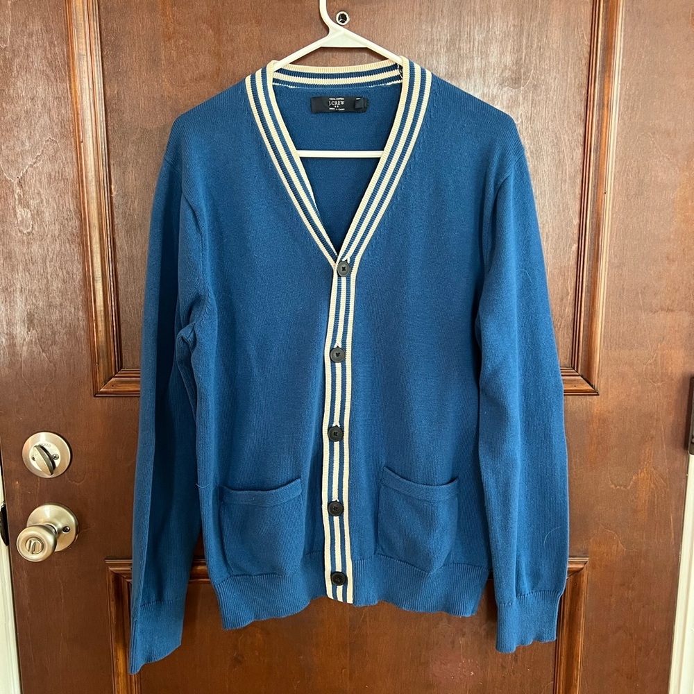 J. Crew Blue Cardigan with Striped Trim